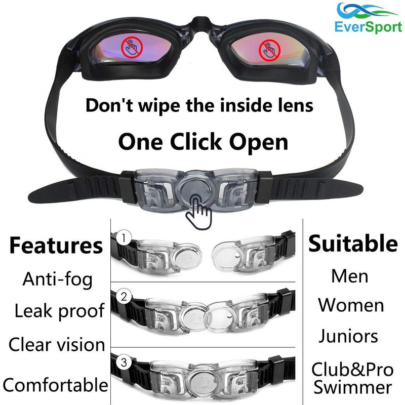 EverSport Swim Goggles, Pack of 2 Swimming Goggles, Swim Glasses No Leaking Anti Fog UV Protection for Adult Men Women Youth Kids Child, Watertight (Black with Aqua Lens&Black with Orange Lens) - Image 2